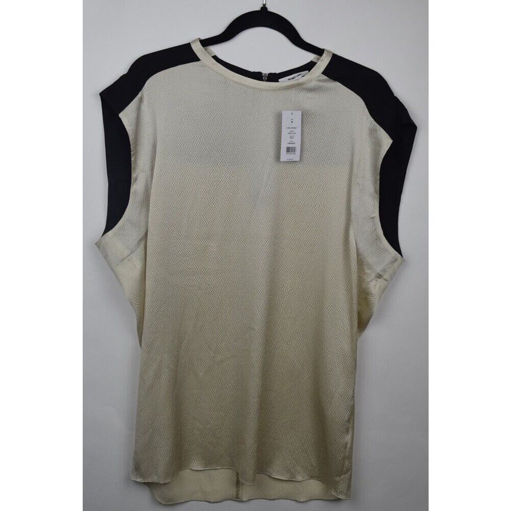 Helmut Lang Gravel Silk Long Blouse Cream Black Cap Sleeve Womens Medium $255